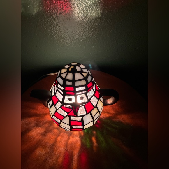 Vintage Tiffany Style Stained Glass Snowman Tea Pot Table Lamp Night Light - Picture 4 of 10